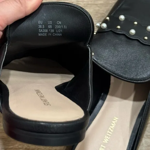 Stuart Weitzman Black Pearl Embellished Mules Leather Size 6