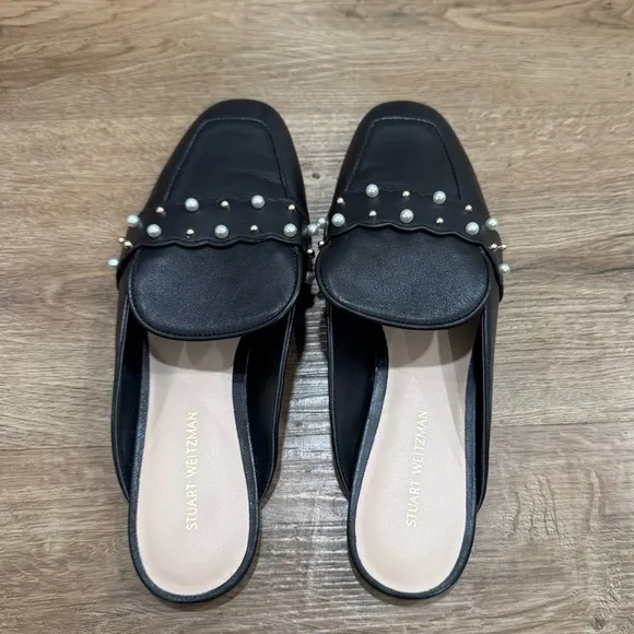 Stuart Weitzman Black Pearl Embellished Mules Leather Size 6