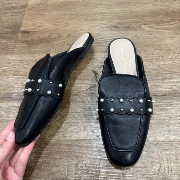 Stuart Weitzman Black Pearl Embellished Mules Leather Size 6