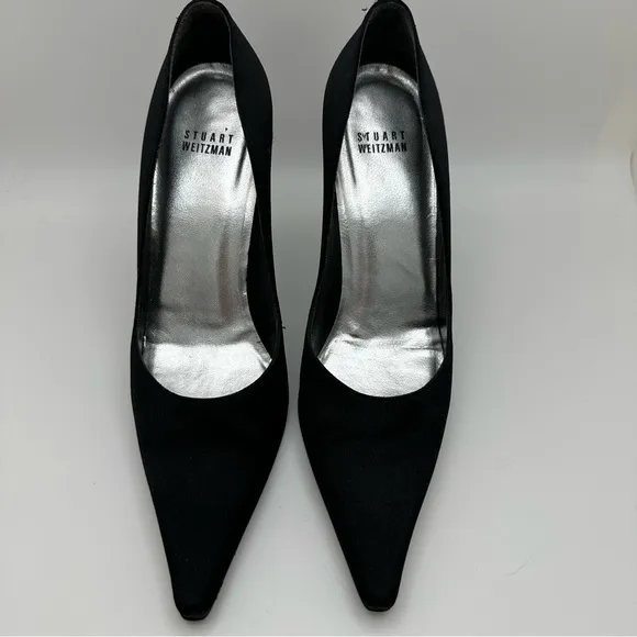 Stuart Weitzman Black Pointy Toe Stiletto Pump Size 8.5M Satin Heels Sho…