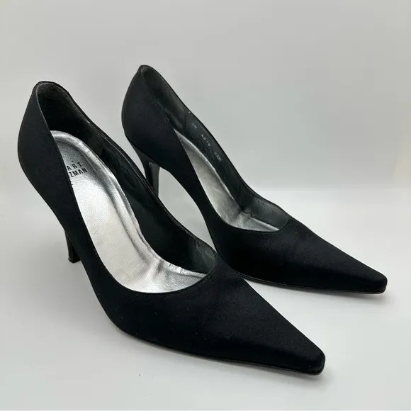 Stuart Weitzman Black Pointy Toe Stiletto Pump Size 8.5M Satin Heels Sho…