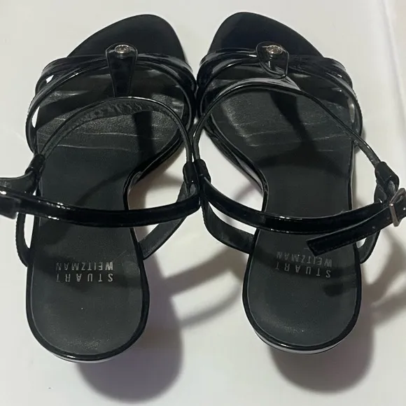 Stuart Weitzman Black Strappy Patent Leather Sandals Heels, Sz 7M