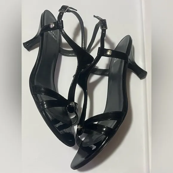Stuart Weitzman Black Strappy Patent Leather Sandals Heels, Sz 7M