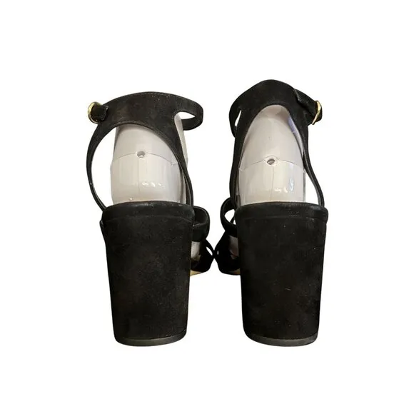 Stuart Weitzman Black Suede Leather Block Heel Ankle Strappy Heel, 10 WORN ONCE