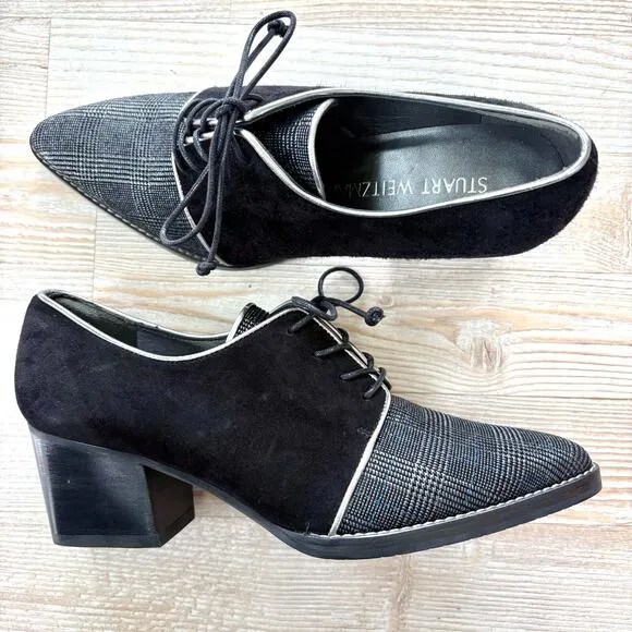 Stuart Weitzman Block Heel Pointed Toe Oxfords | Black/Blue/Silver Glen Plaid 6