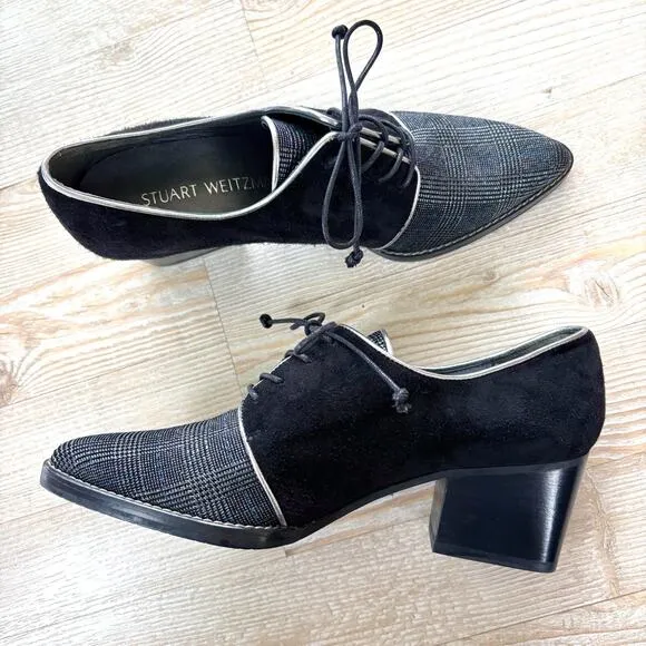 Stuart Weitzman Block Heel Pointed Toe Oxfords | Black/Blue/Silver Glen Plaid 6