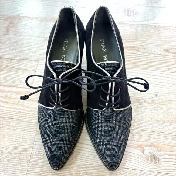 Stuart Weitzman Block Heel Pointed Toe Oxfords | Black/Blue/Silver Glen Plaid 6