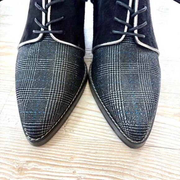 Stuart Weitzman Block Heel Pointed Toe Oxfords | Black/Blue/Silver Glen Plaid 6