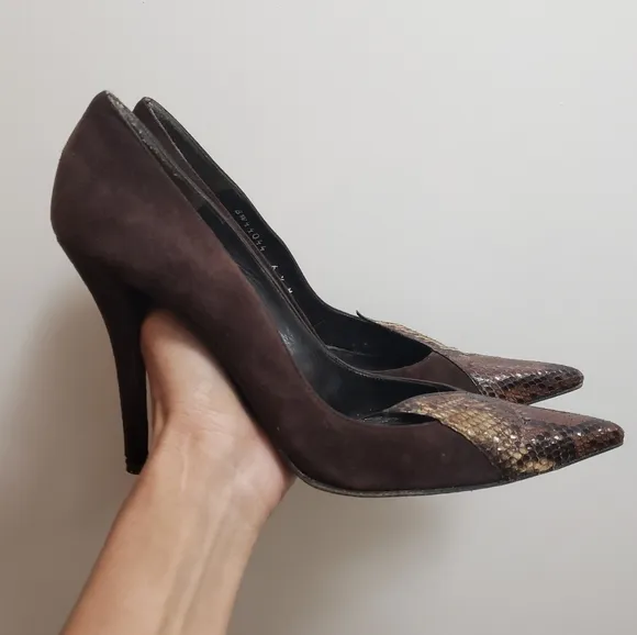 Stuart Weitzman Brown Suede Heels Pointed Toe Snakeskin Print Pump 6.5