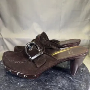 Stuart Weitzman Brown Suede Mules Heels Studded Buckle Women's Size 6.5M US