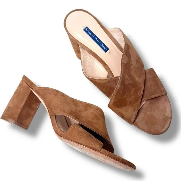 Stuart Weitzman Chestnut Brown Suede Galene Slip On Heeled Mules Women’s Size 9M