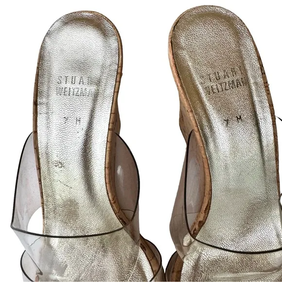Stuart Weitzman Clear Open Toe Cork Wedge Sandals Mules Women’s Size 7