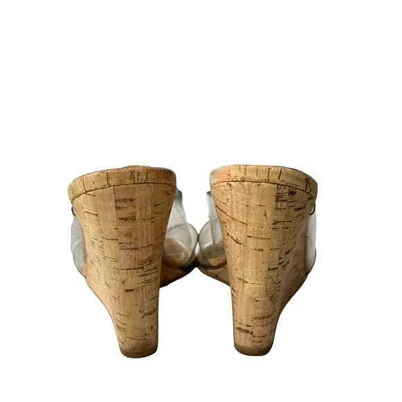 Stuart Weitzman Clear Open Toe Cork Wedge Sandals Mules Women’s Size 7