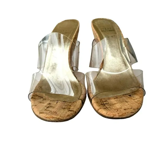 Stuart Weitzman Clear Open Toe Cork Wedge Sandals Mules Women’s Size 7