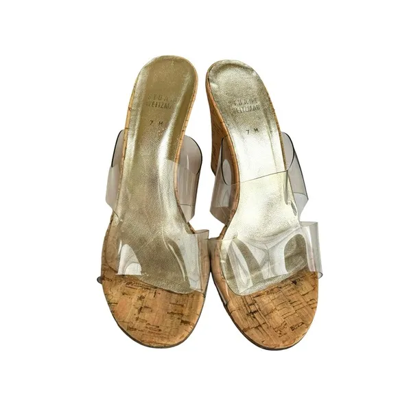 Stuart Weitzman Clear Open Toe Cork Wedge Sandals Mules Women’s Size 7