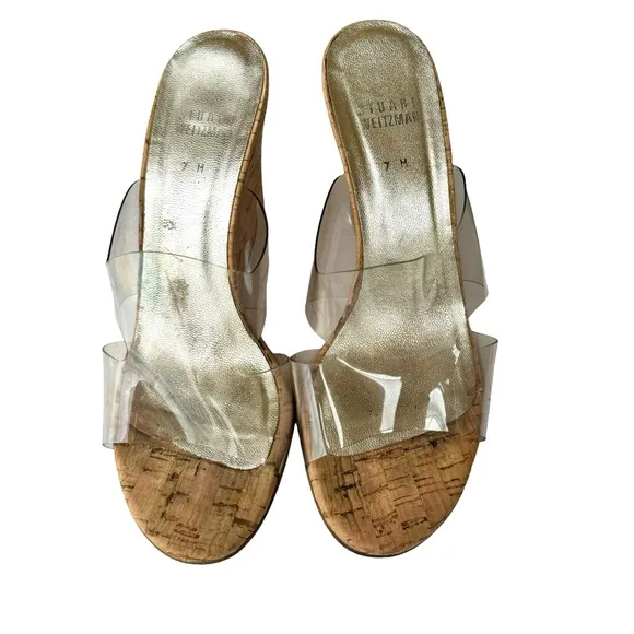 Stuart Weitzman Clear Open Toe Cork Wedge Sandals Mules Women’s Size 7