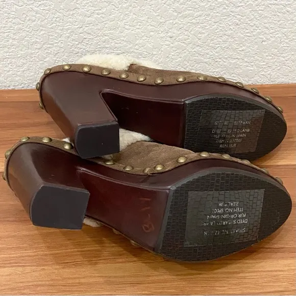 STUART WEITZMAN Depot Shearling Clogs in Cigar Fur Studded Heeled Clogs Size 9.5