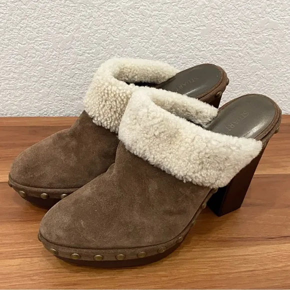 STUART WEITZMAN Depot Shearling Clogs in Cigar Fur Studded Heeled Clogs Size 9.5
