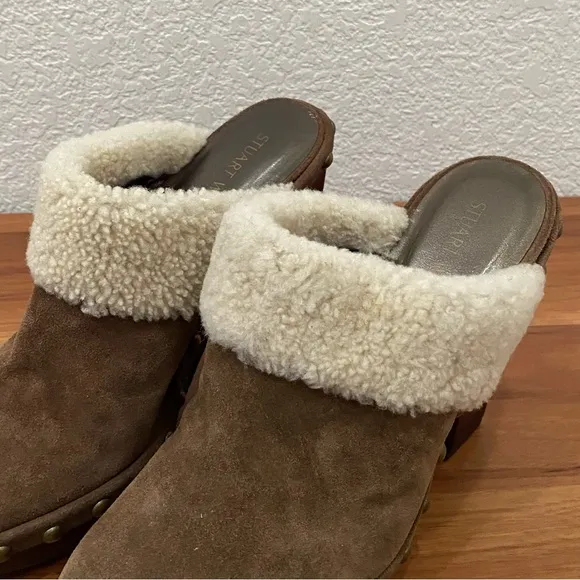 STUART WEITZMAN Depot Shearling Clogs in Cigar Fur Studded Heeled Clogs Size 9.5