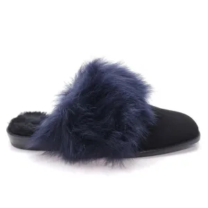 Stuart Weitzman Furgetit Raven Long Claw Blue Shearling Black Suede Mules Sz 7.5