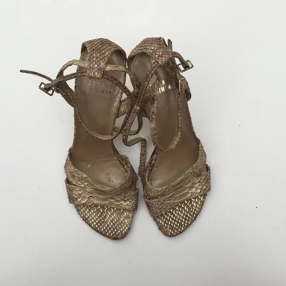 Stuart Weitzman Gold Snake Skin Pattern Strappy Heels Women Sz 6.5 EU 37