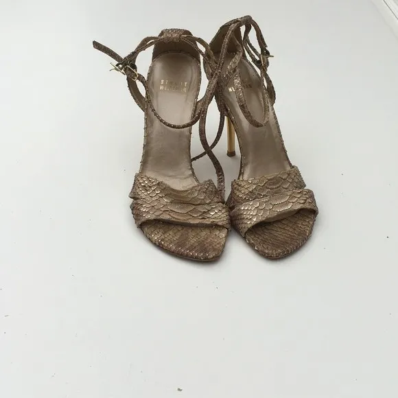 Stuart Weitzman Gold Snake Skin Pattern Strappy Heels Women Sz 6.5 EU 37
