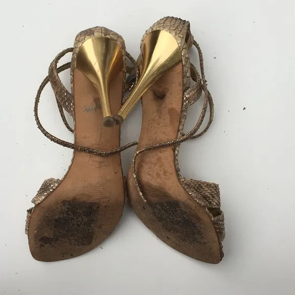 Stuart Weitzman Gold Snake Skin Pattern Strappy Heels Women Sz 6.5 EU 37