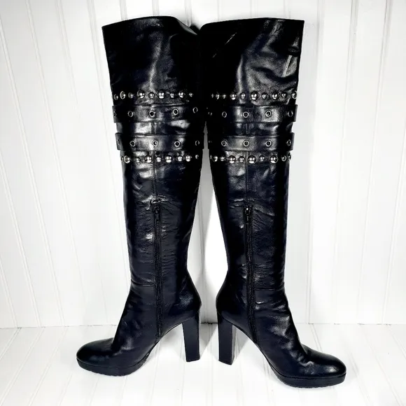 Stuart Weitzman Leather Studded Accents Boots Black H735