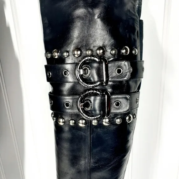 Stuart Weitzman Leather Studded Accents Boots Black H735