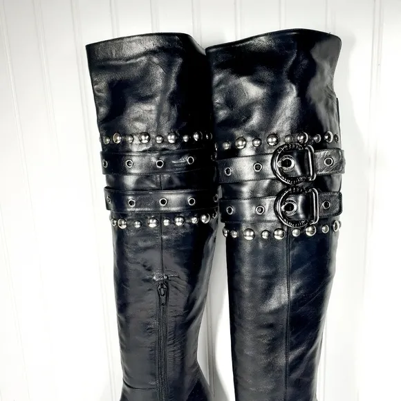 Stuart Weitzman Leather Studded Accents Boots Black H735