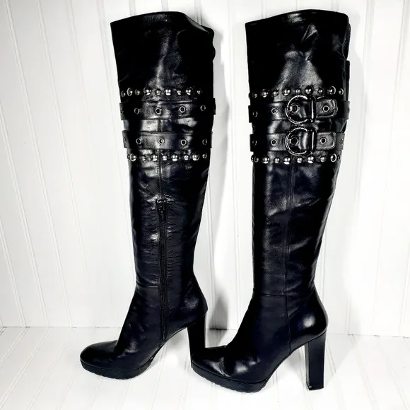 Stuart Weitzman Leather Studded Accents Boots Black H735