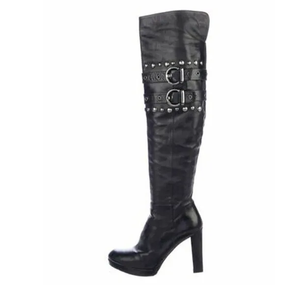 Stuart Weitzman Leather Studded Accents Boots Black H735