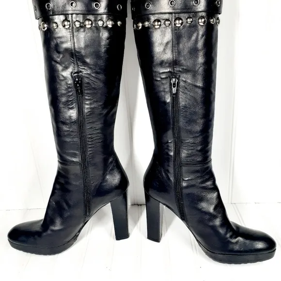 Stuart Weitzman Leather Studded Accents Boots Black H735