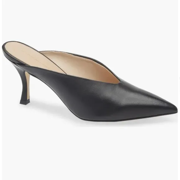Stuart Weitzman Lula Pointed Toe Mules Pump in Black Leather Size 7B