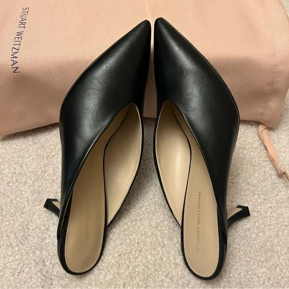 Stuart Weitzman Lula Pointed Toe Mules Pump in Black Leather Size 7B