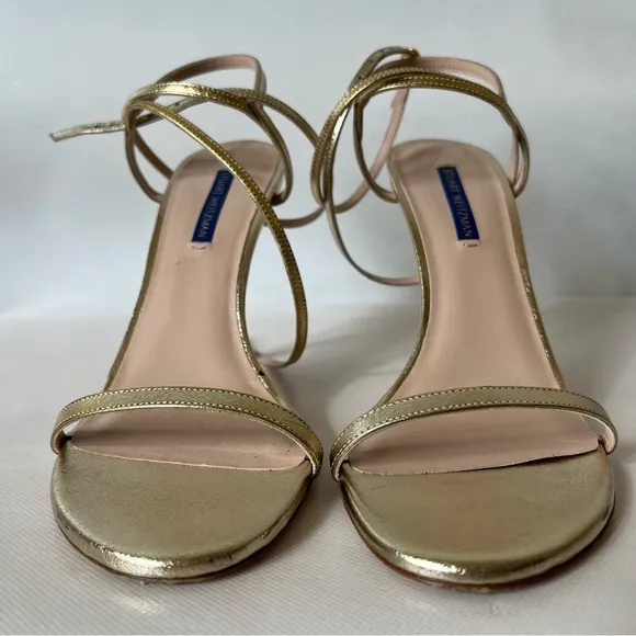 Stuart Weitzman Merinda Gold Strappy Ankle Wrap High Heels