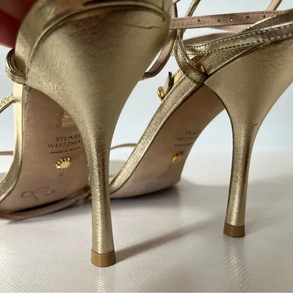 Stuart Weitzman Merinda Gold Strappy Ankle Wrap High Heels