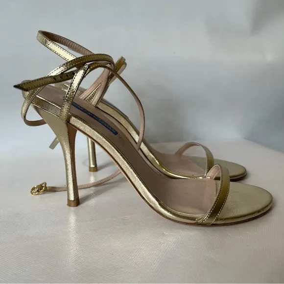 Stuart Weitzman Merinda Gold Strappy Ankle Wrap High Heels