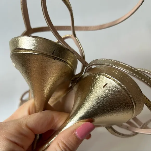 Stuart Weitzman Merinda Gold Strappy Ankle Wrap High Heels