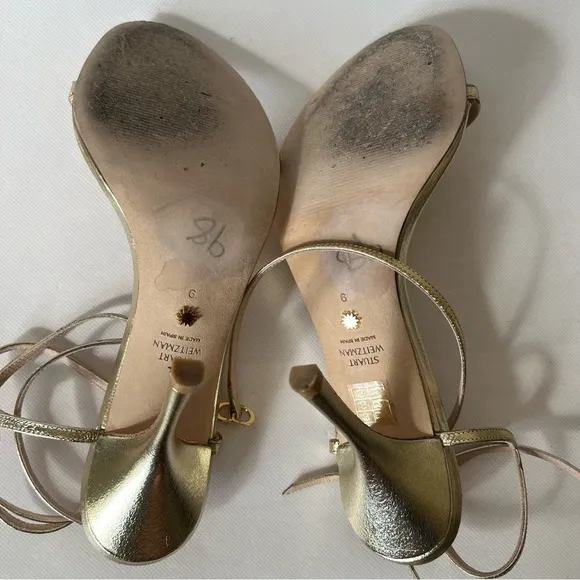 Stuart Weitzman Merinda Gold Strappy Ankle Wrap High Heels