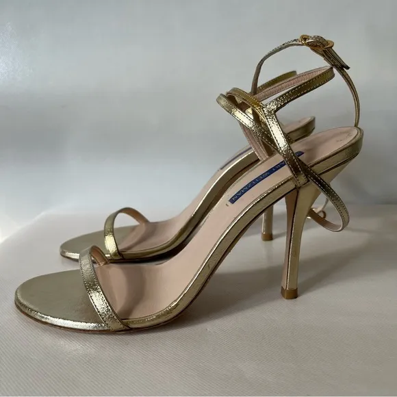 Stuart Weitzman Merinda Gold Strappy Ankle Wrap High Heels