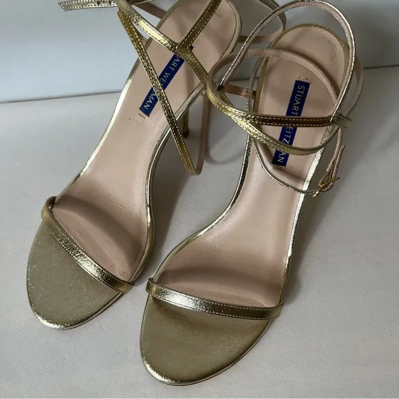 Stuart Weitzman Merinda Gold Strappy Ankle Wrap High Heels