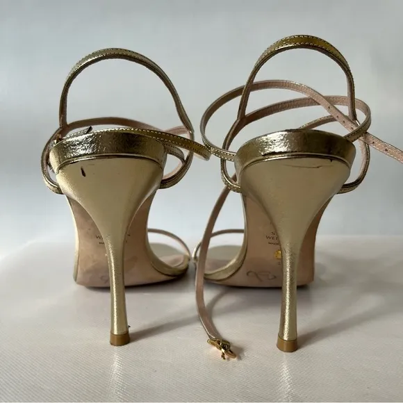 Stuart Weitzman Merinda Gold Strappy Ankle Wrap High Heels