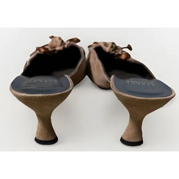Stuart Weitzman Mule Slip-on Heels Tan Brown Suede / Flower Accents 7 M