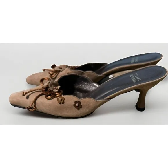 Stuart Weitzman Mule Slip-on Heels Tan Brown Suede / Flower Accents 7 M