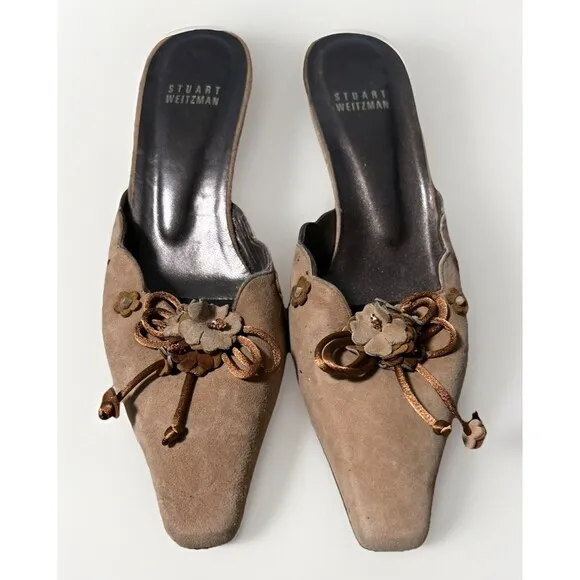 Stuart Weitzman Mule Slip-on Heels Tan Brown Suede / Flower Accents 7 M