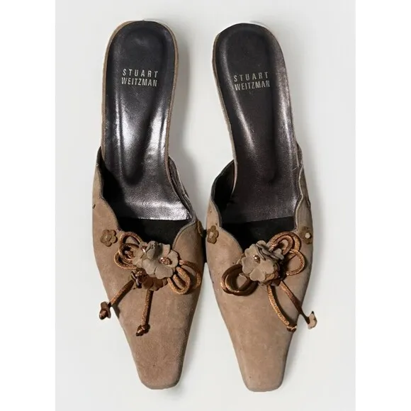 Stuart Weitzman Mule Slip-on Heels Tan Brown Suede / Flower Accents 7 M