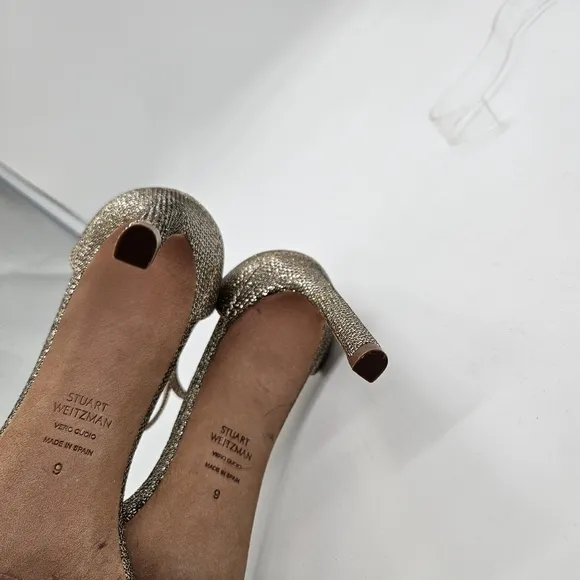 STUART WEITZMAN Nudistsong in Platinum Strappy Heels Sparkly Wedding Size 9