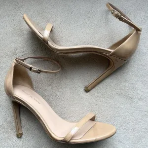 Stuart Weitzman Nudistsong Nude Adobe Patent Leather Sandal Women 6 Ankle Strap