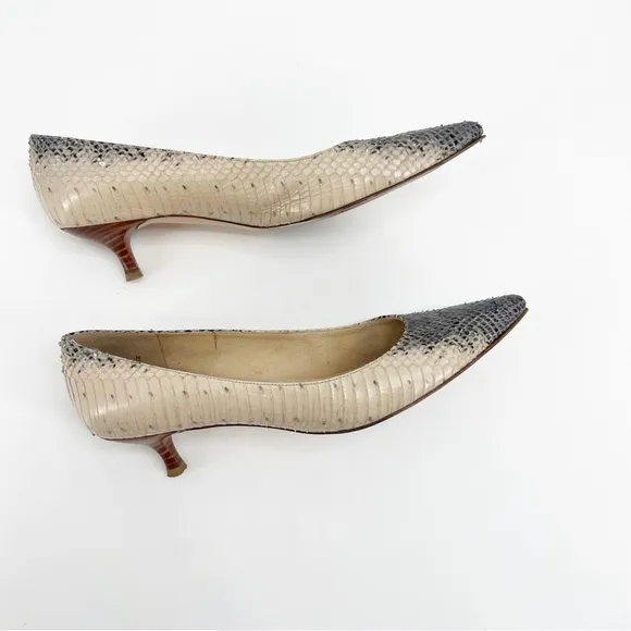 Stuart Weitzman Poco Grey and Cream Snakeskin Pointed Toe Pumps, Size 9.5